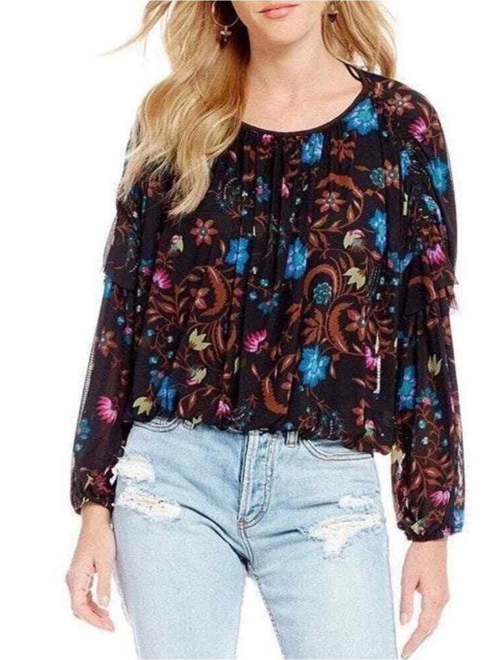 Free People Women's Blouse Shirt Wild Flower Black Combo Floral Mesh - Size S - Picture 3 of 9